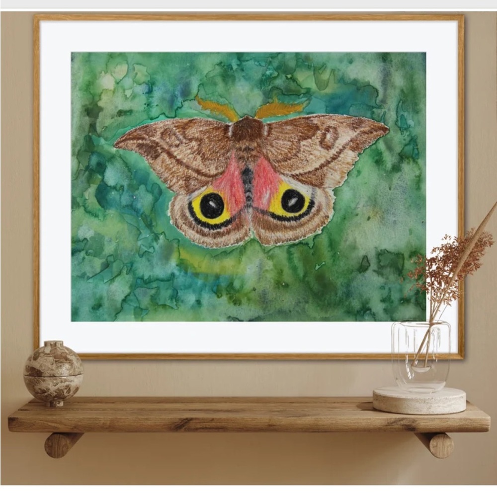 Automeris Moth Art Print Watercolor Painting Nature Earthy Home Decor Green